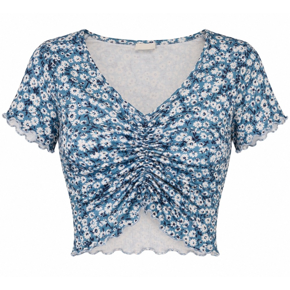 Crop Top Teen 14Y Cottagecore Coquette Blue Floral Ruched Front Lettuce Edge Y2K